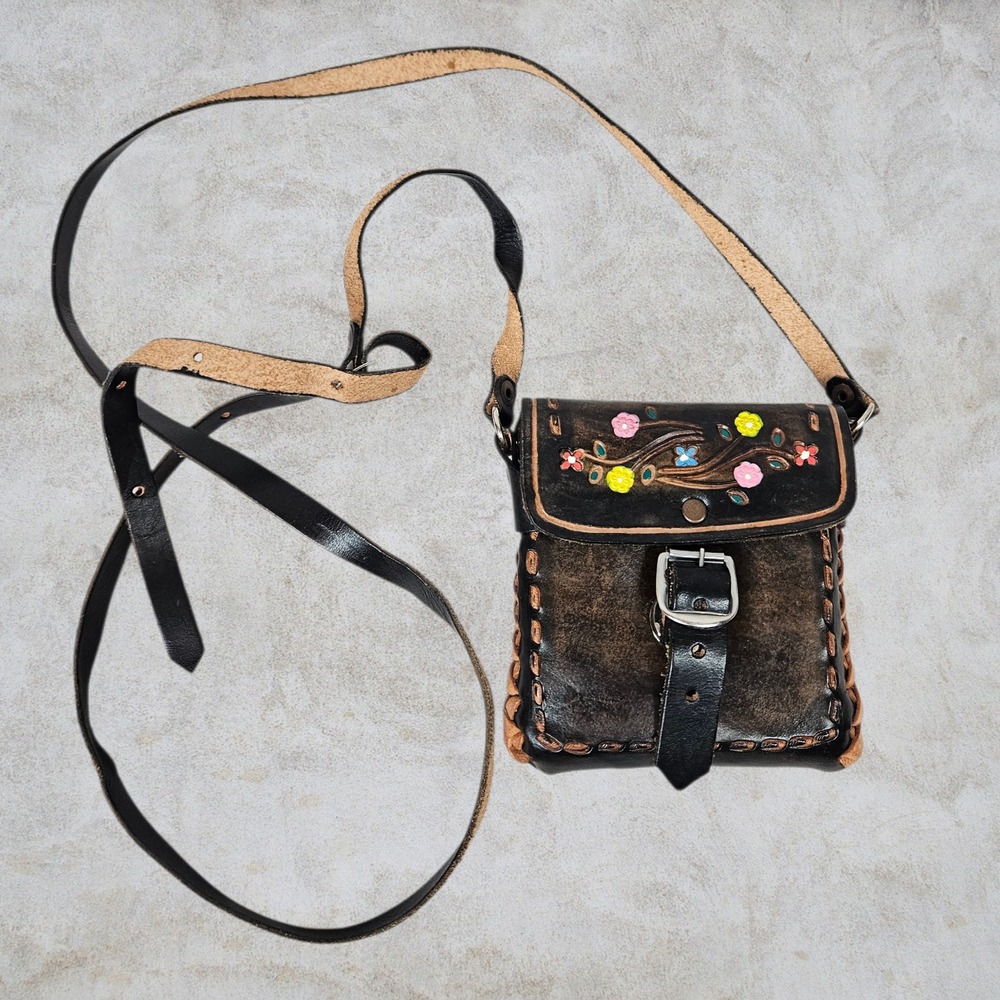 Vintage Hand Tooled Leather Floral Crossbody Bag Boho Whipstitch Small Festival
